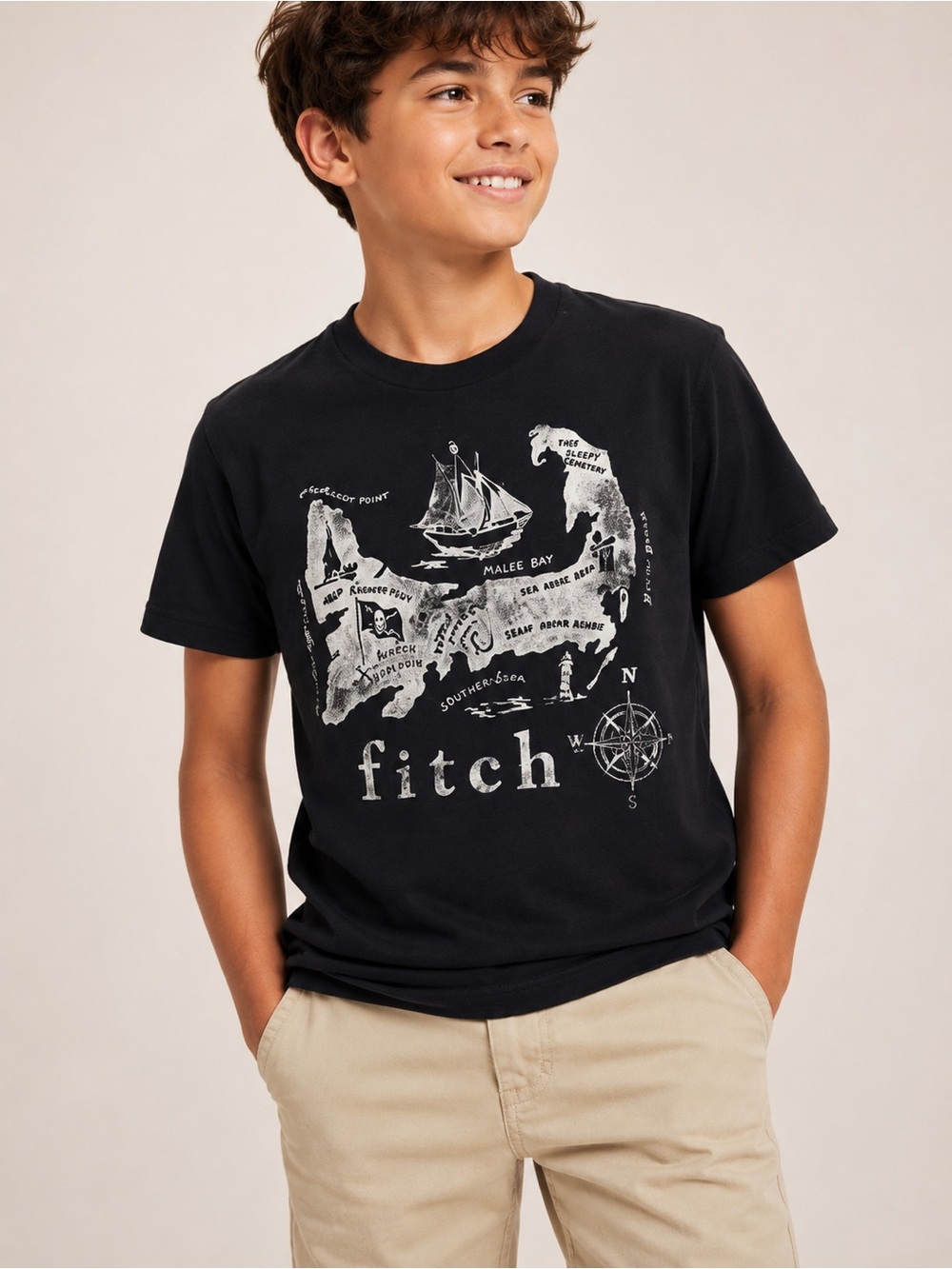 Abercrombie Kids Boys Black Pirate Map Graphic Tee Size M